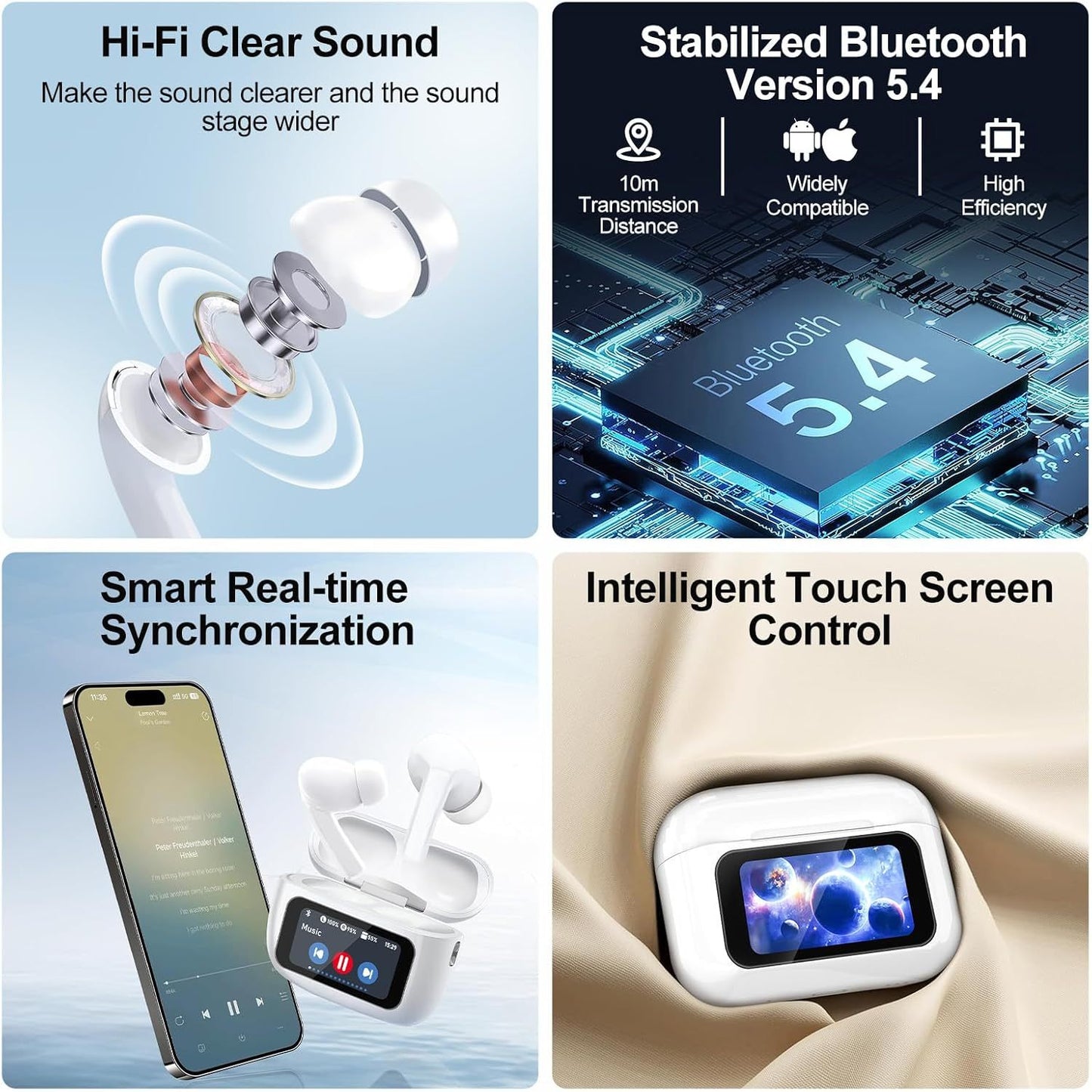 Smart Touch Wireless Earbuds – Bluetooth 5.4 Noise Cancelling Headphones for Android & iOS