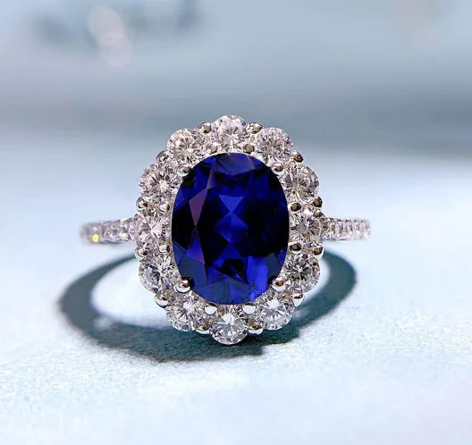Luxury Sapphire Oval Ring with Zircon Accents