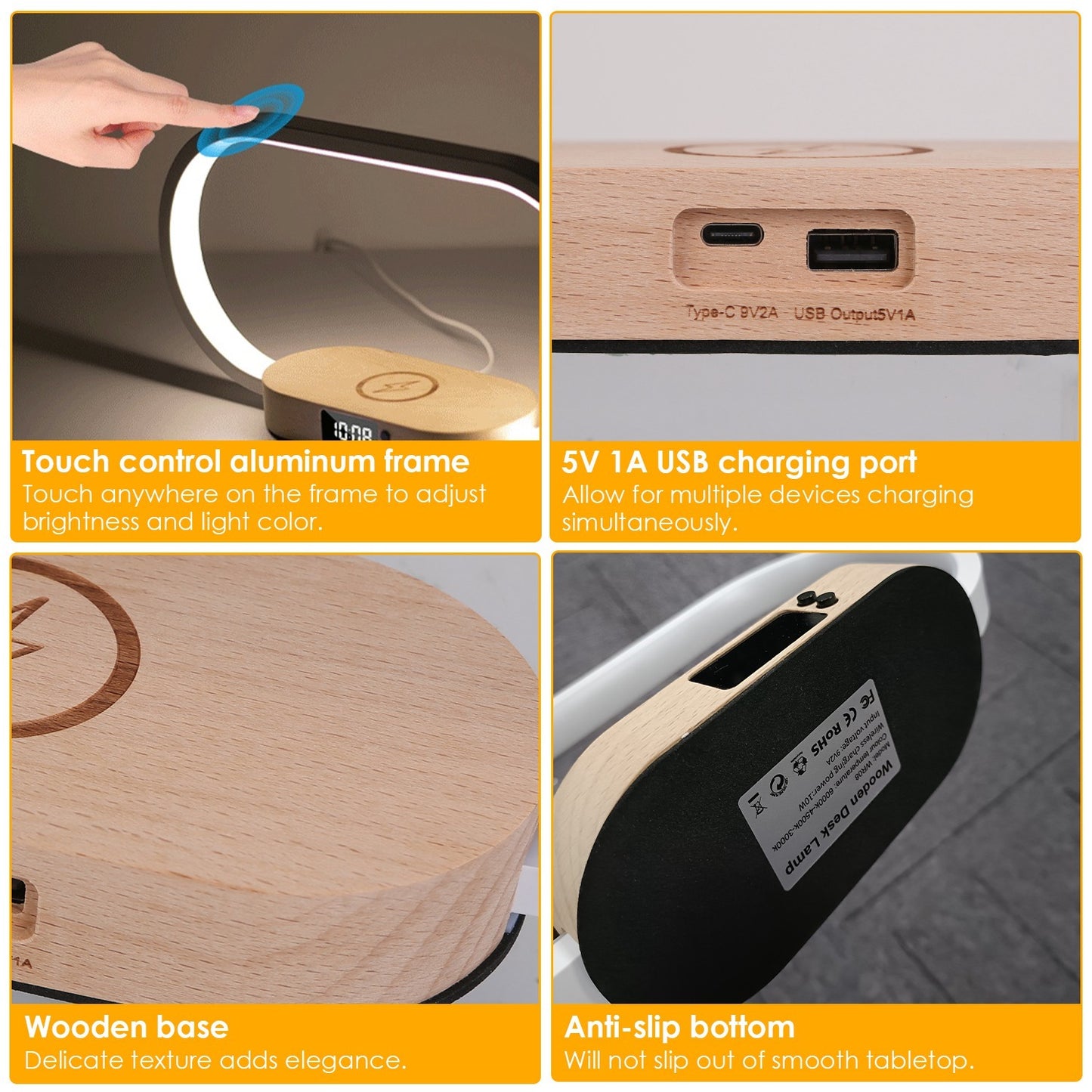 Touch Control Bedside Lamp with Clock & Wireless Charging