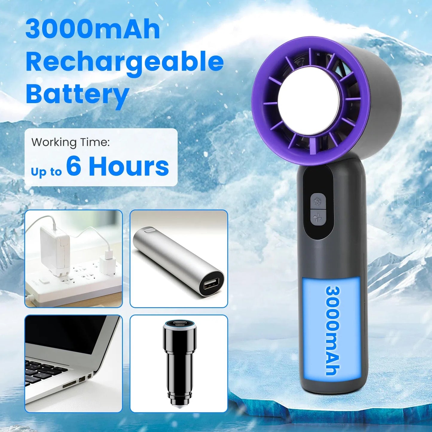 Speed Handheld Fan with Ice Cooler – 3000mAh Rechargeable Turbo Fan with LCD Display