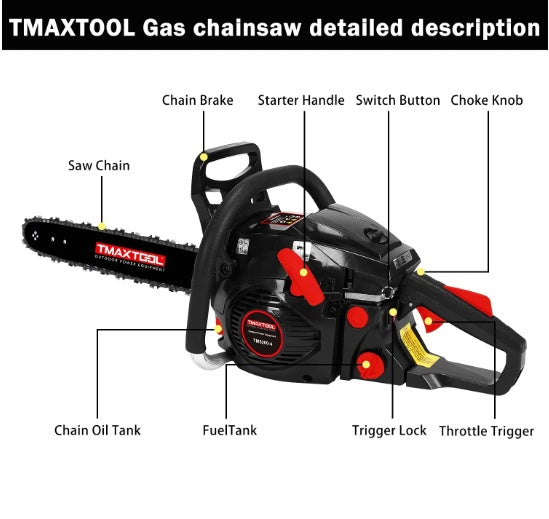 TMAXTOOL 62cc Gas Chainsaw – 20" Bar, 2-Stroke Engine, Perfect for Pruning