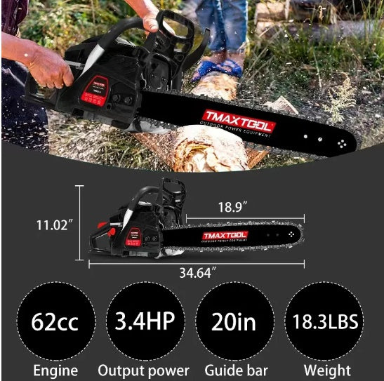 TMAXTOOL 62cc Gas Chainsaw – 20" Bar, 2-Stroke Engine, Perfect for Pruning
