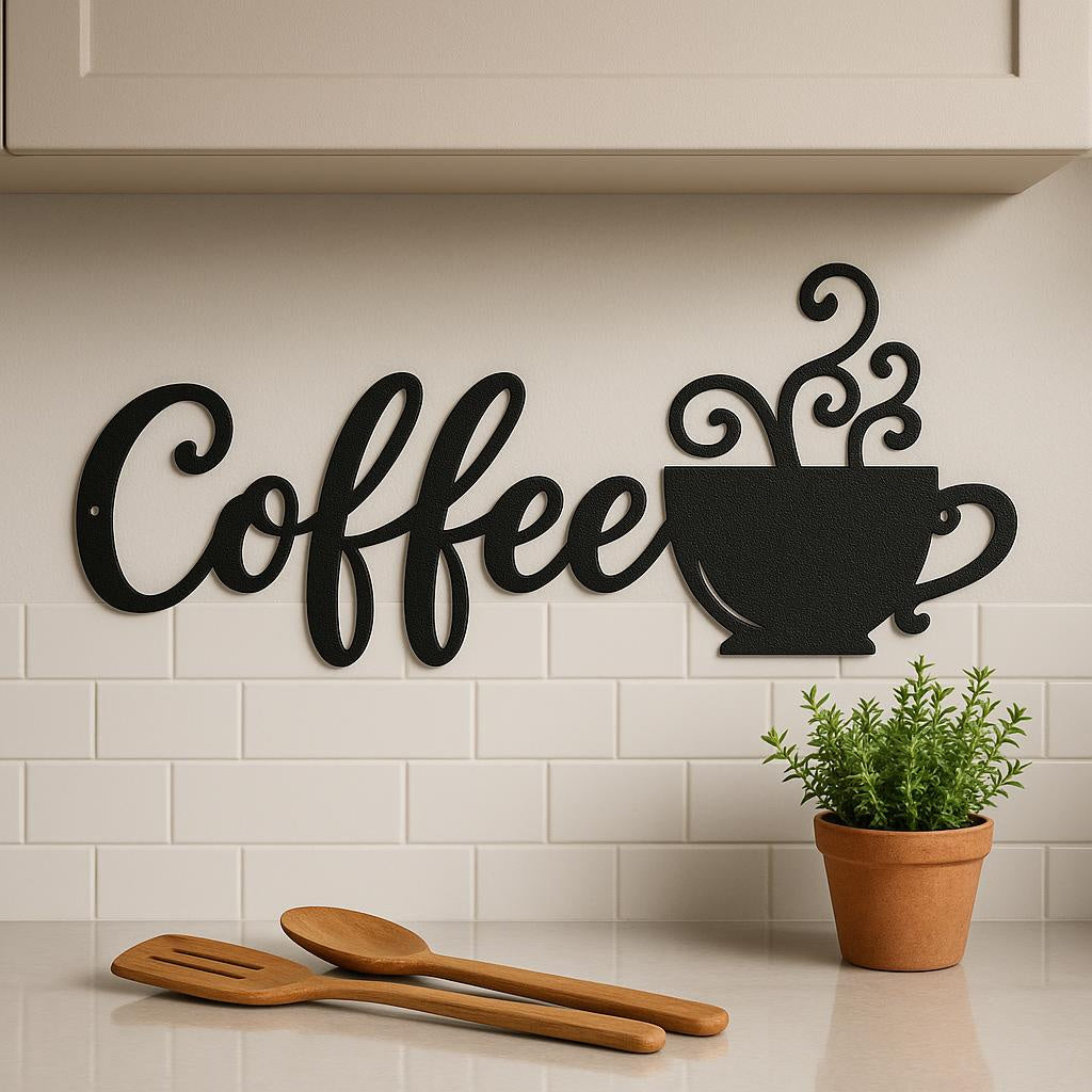 Metal Coffee Wall Décor – Iron Art Silhouette Mug Sign for Kitchen or Café