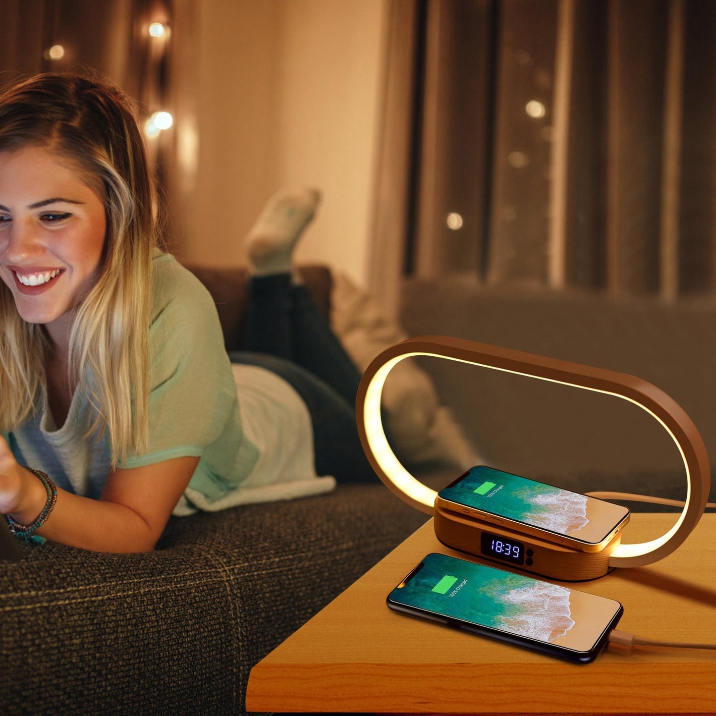 Touch Control Bedside Lamp with Clock & Wireless Charging