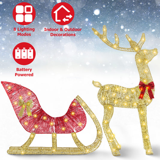 Lighted Christmas Reindeer & Sleigh Indoor Outdoor Christmas Decoration Christmas Lighted Display With 8 Lighting Modes 1Pc