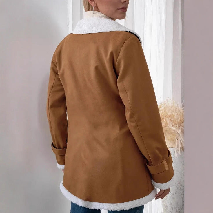 New Women's Suede Lapel Mid-length Woolen Casual Warm Jacket