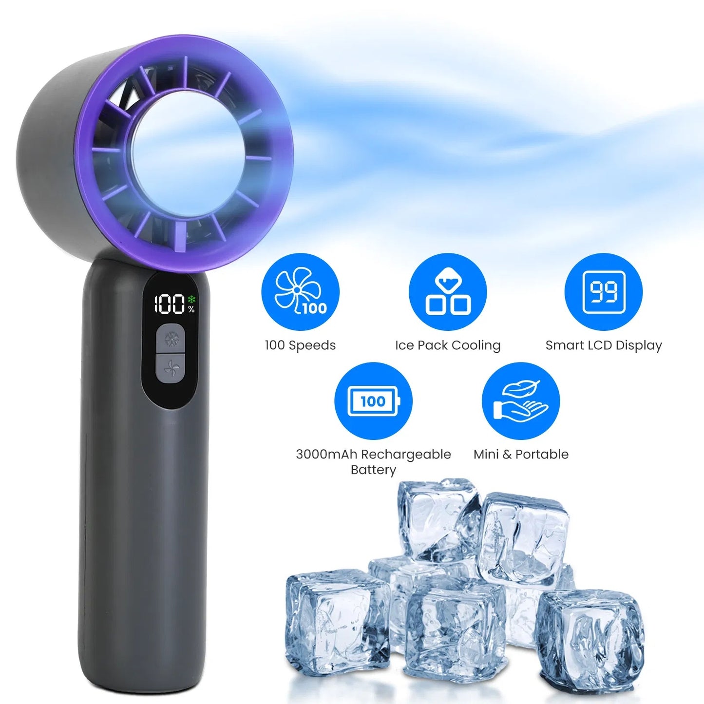 Speed Handheld Fan with Ice Cooler – 3000mAh Rechargeable Turbo Fan with LCD Display