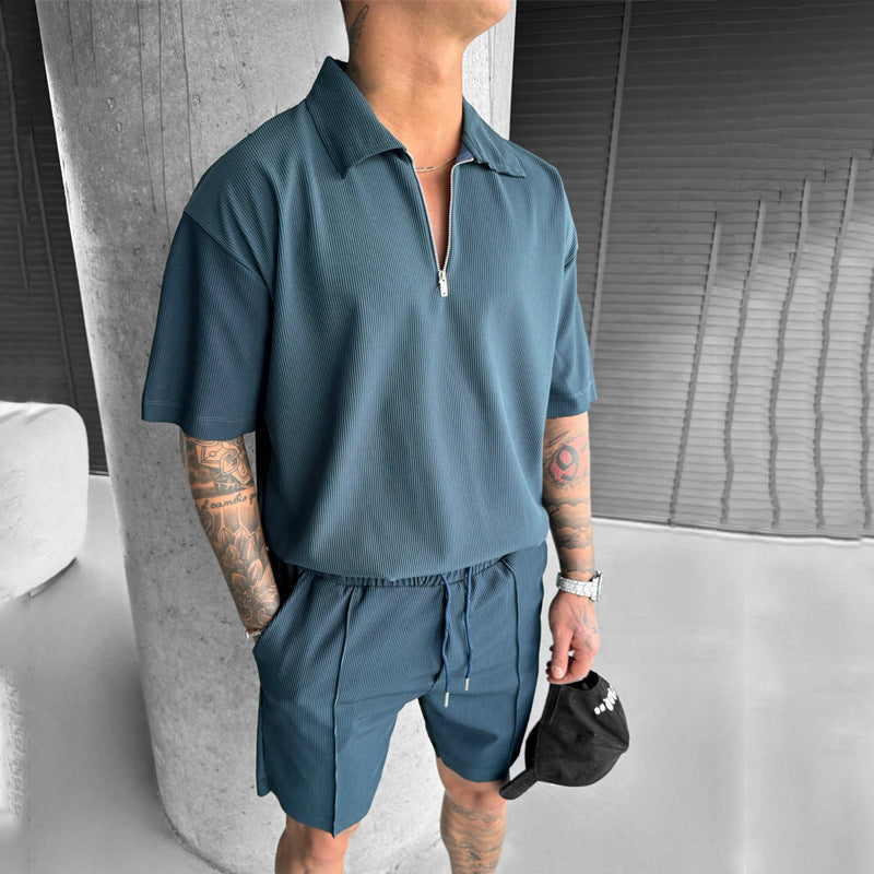 Men’s Casual Short-Sleeve Polo Set with Drawstring Shorts