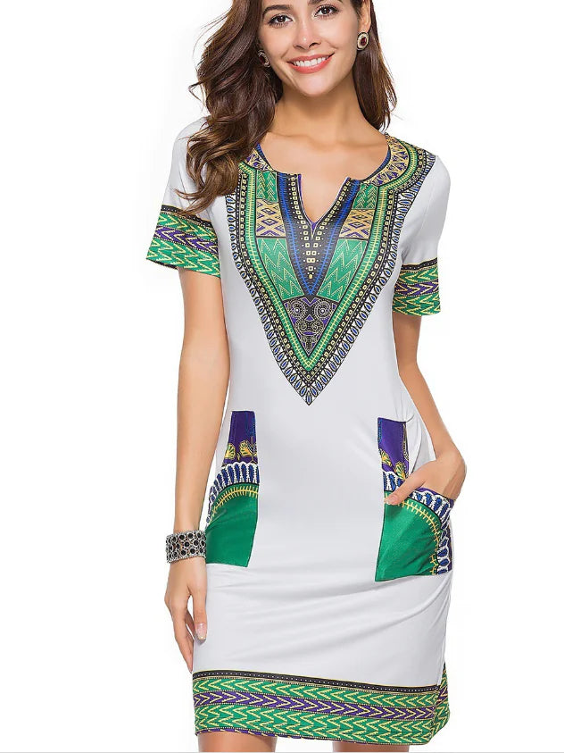 Vibrant Digi-Print V-Neck Casual Dress