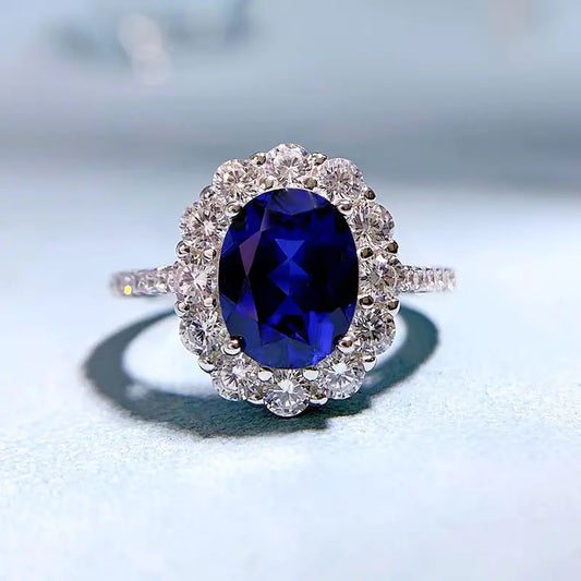 Luxury Sapphire Oval Ring with Zircon Accents