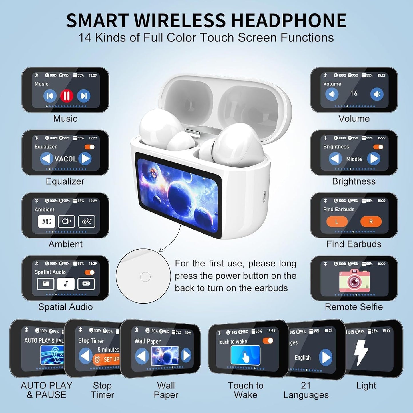 Smart Touch Wireless Earbuds – Bluetooth 5.4 Noise Cancelling Headphones for Android & iOS