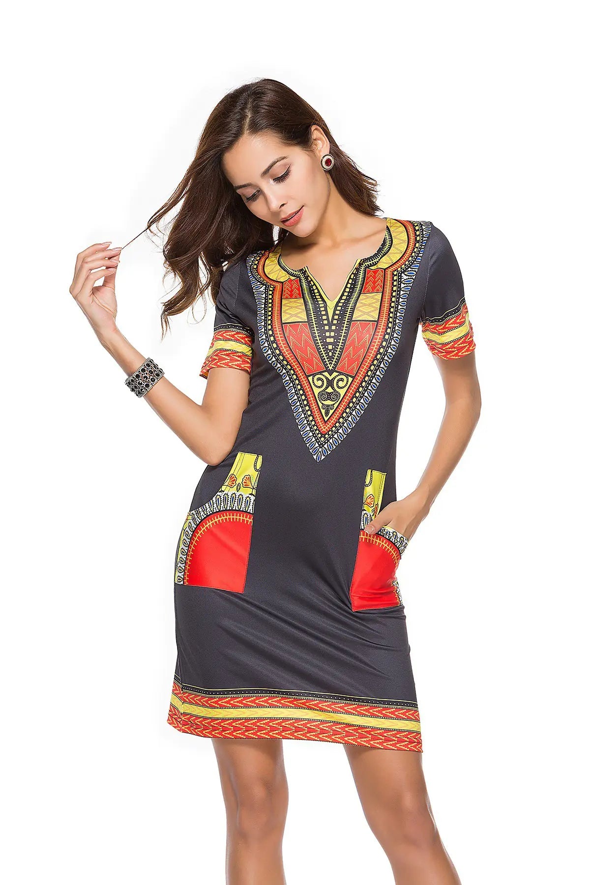 Vibrant Digi-Print V-Neck Casual Dress