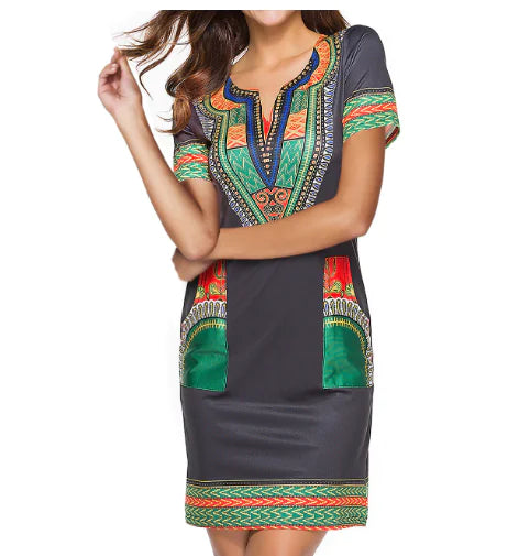 Vibrant Digi-Print V-Neck Casual Dress