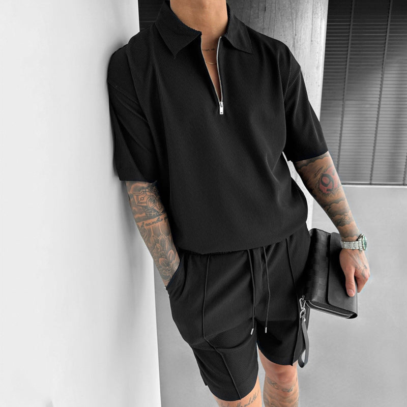 Men’s Casual Short-Sleeve Polo Set with Drawstring Shorts