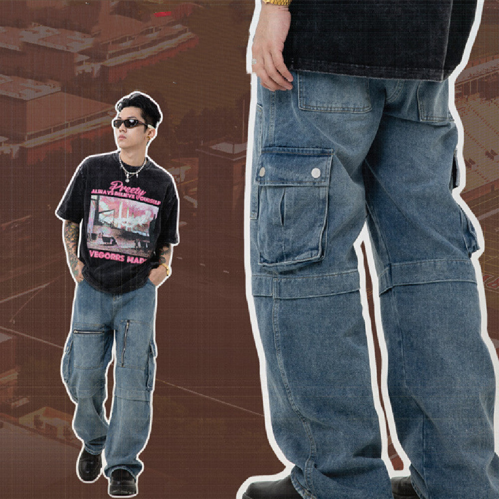 Casual Washed Straight Jeans – Multi-Pocket