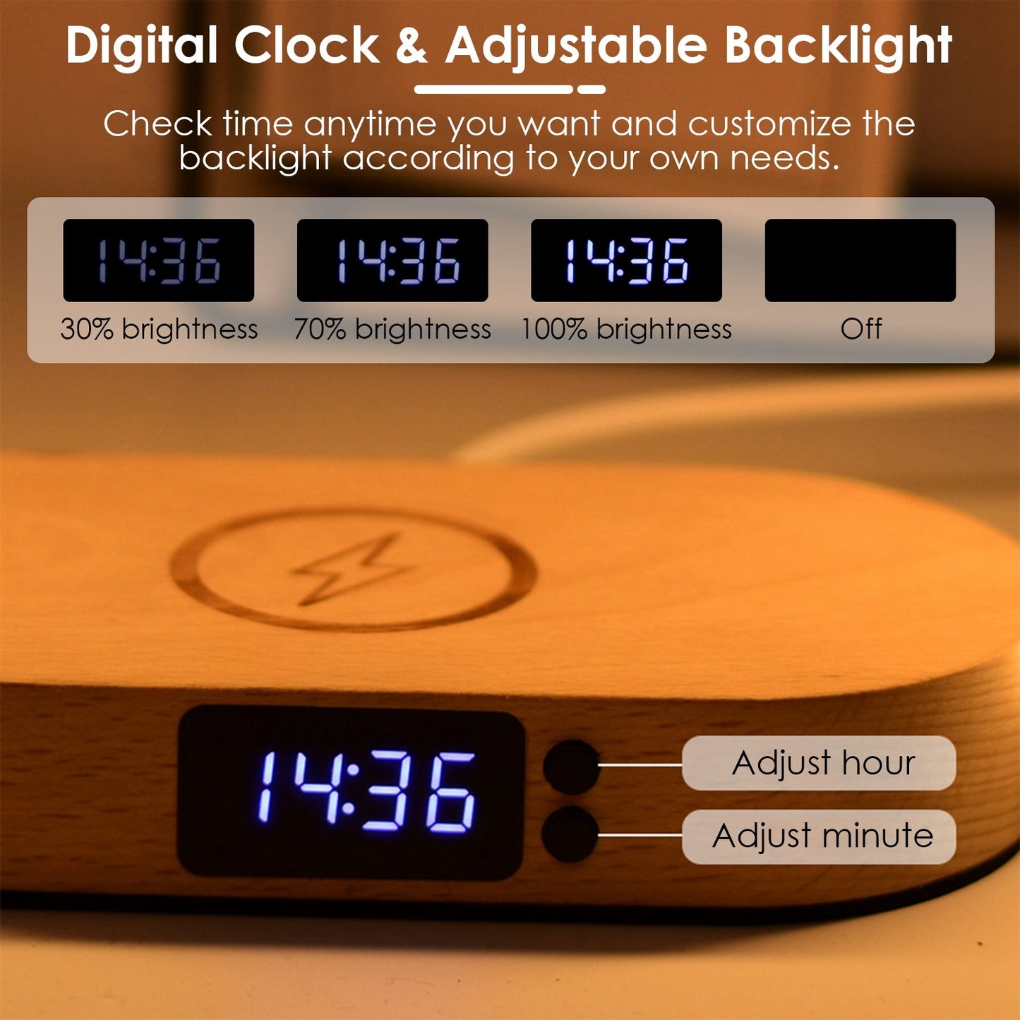 Touch Control Bedside Lamp with Clock & Wireless Charging