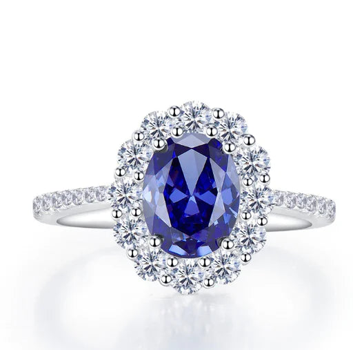 Luxury Sapphire Oval Ring with Zircon Accents