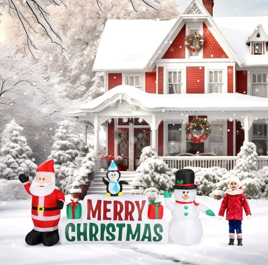 Santa Claus And Snowman Holding Merry Christmas Sign