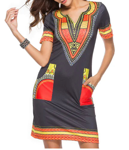 Vibrant Digi-Print V-Neck Casual Dress