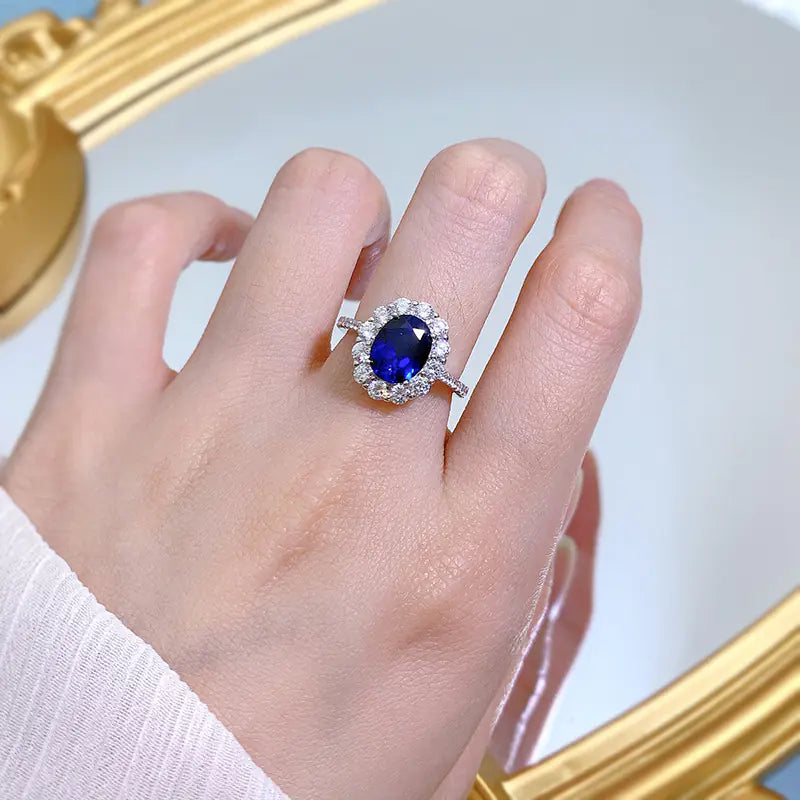 Luxury Sapphire Oval Ring with Zircon Accents