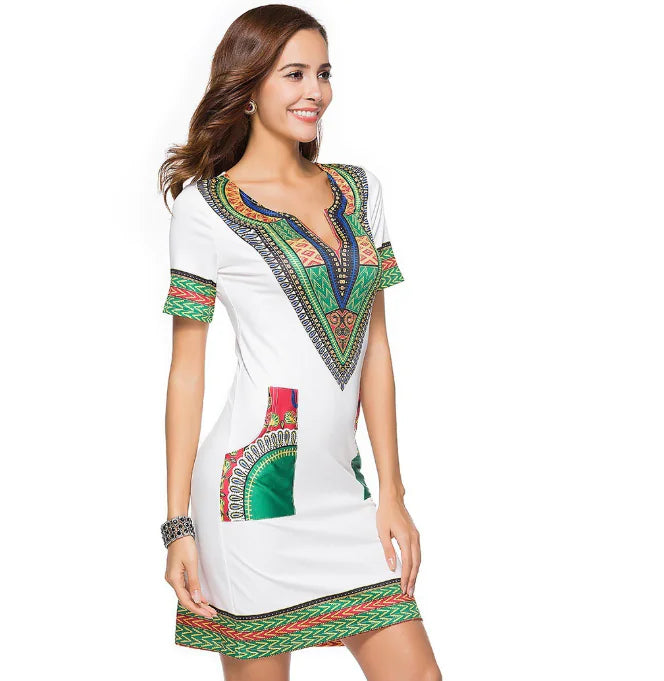 Vibrant Digi-Print V-Neck Casual Dress